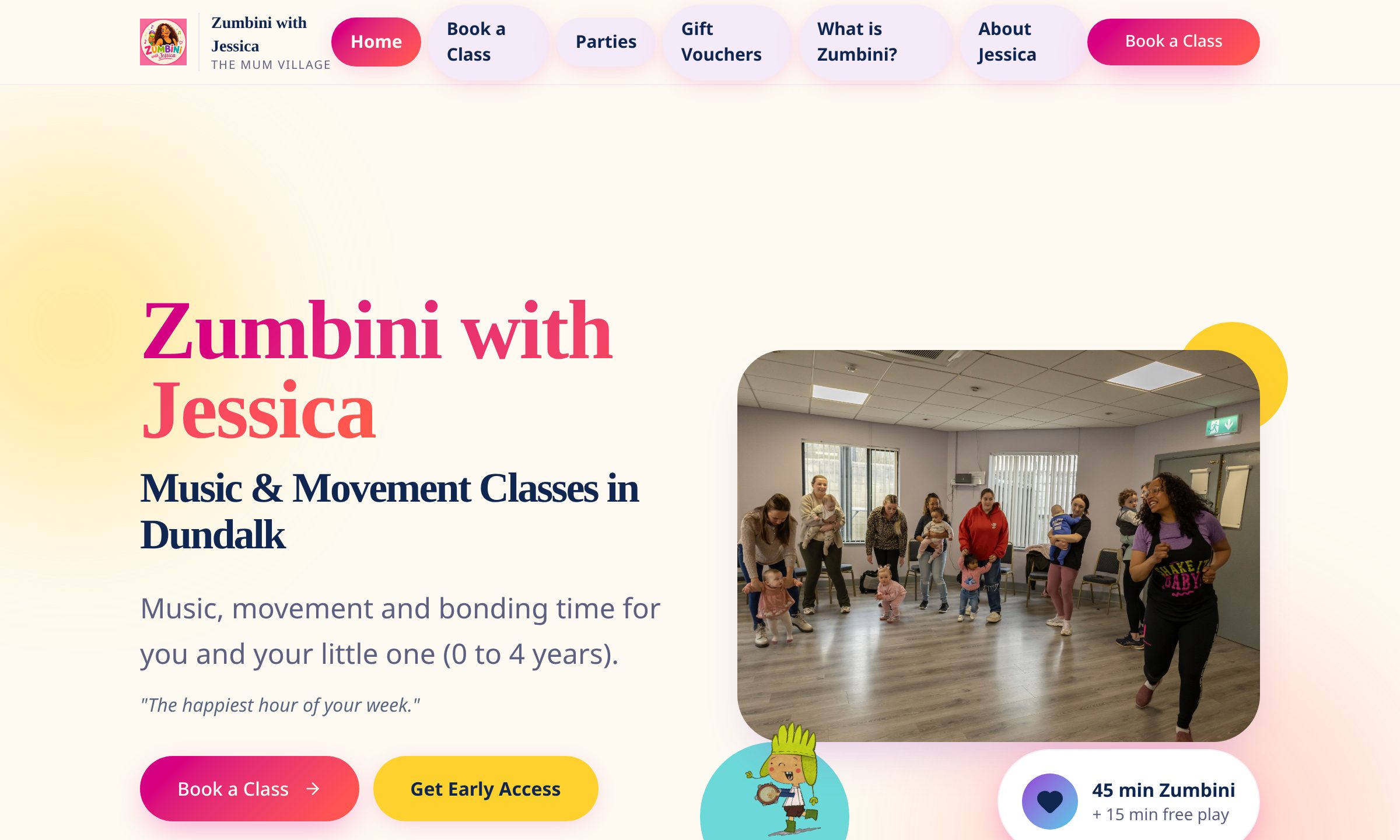 Screenshot of the Zumbini with Jessica website: a bright page in pink and yellow with the headline Music & Movement Classes in Dundalk, two rounded buttons, and a photograph of a parent and toddler class.
