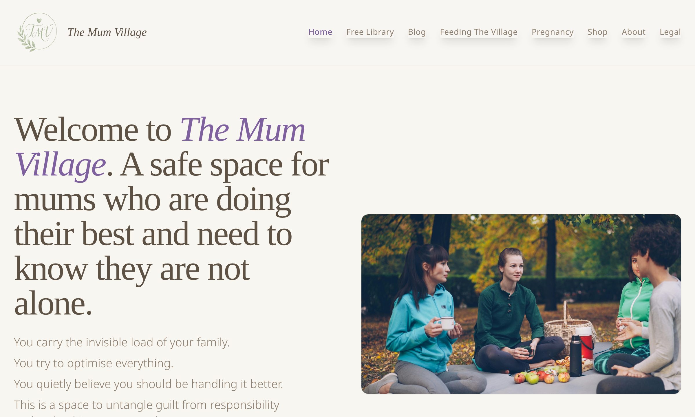 Screenshot of The Mum Village website: a cream page with a sage green header, a large serif headline welcoming mums, and a photograph of four mothers sitting together outdoors.