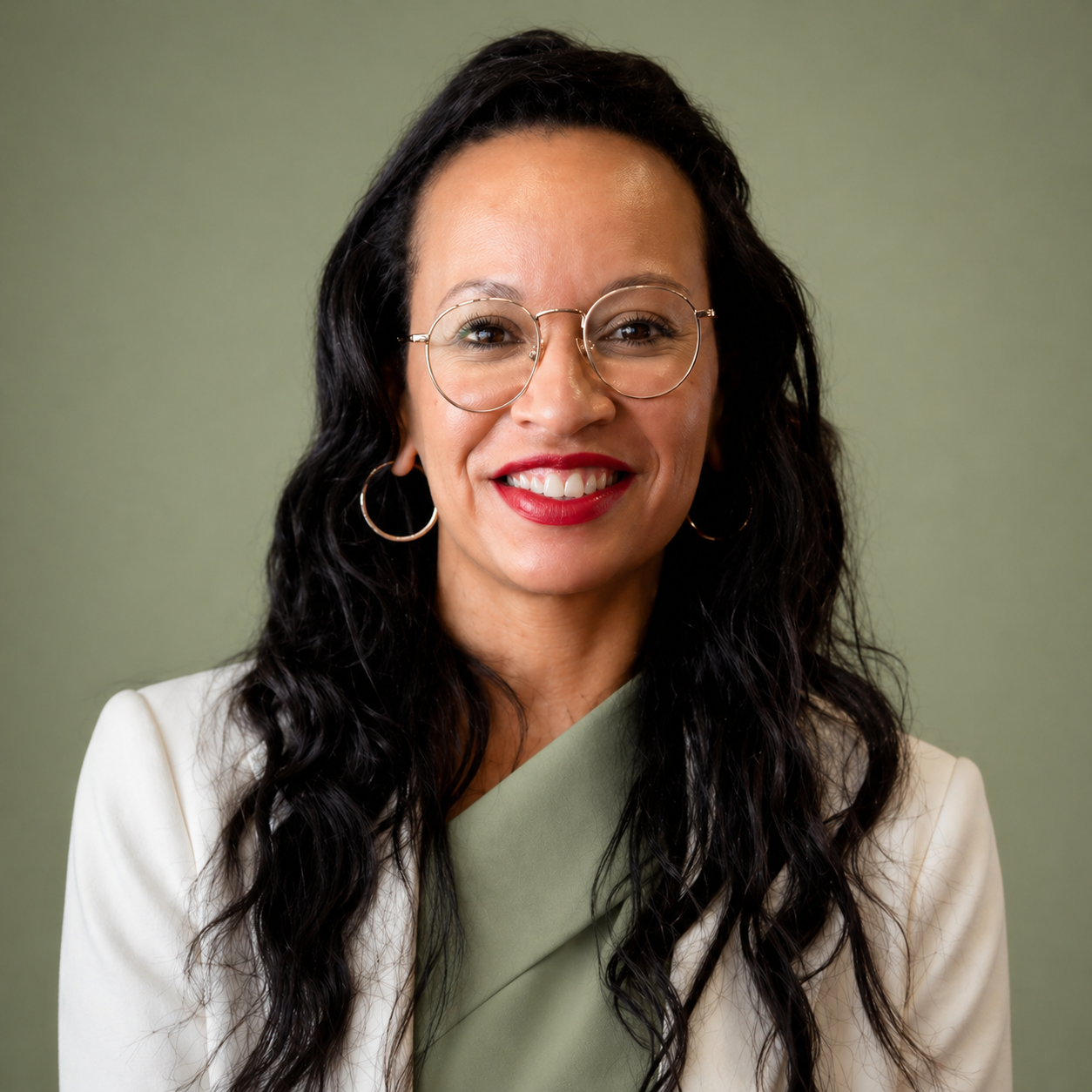 Jessica Pontoise smiling, with long dark wavy hair and round gold glasses, wearing a cream blazer over a sage green top